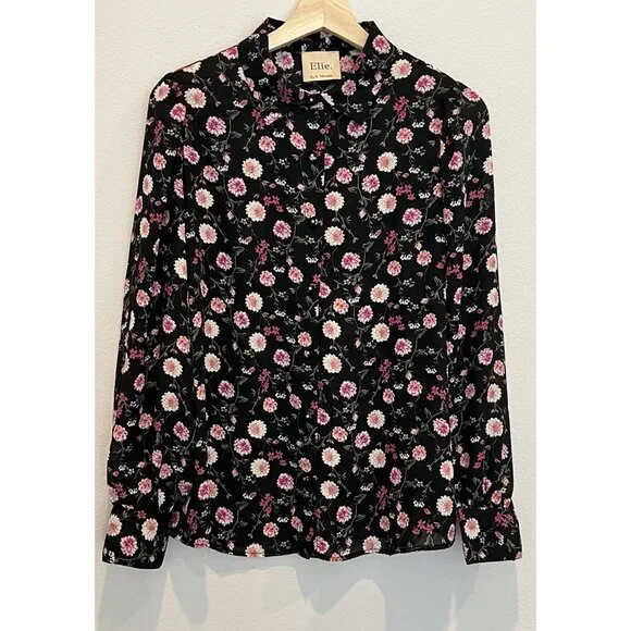 Elie Tahari Womens Floral Top Blouse Size Medium Button Long Sleeves Black Pink - Picture 2 of 10